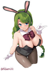 Rule 34 | 1girl, animal ears, black leotard, black pantyhose, blue eyes, blush, braid, breasts, cropped legs, detached collar, ebifurya, fake animal ears, gloves, green hair, highres, kantai collection, leotard, long hair, looking at viewer, medium breasts, mole, mole on breast, mole under mouth, pantyhose, rabbit ears, simple background, single braid, solo, twitter username, white background, white gloves, yuugumo (kancolle)