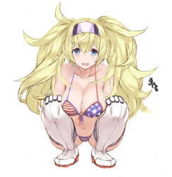 Rule 34 | 1girl, absurdres, american flag bikini, artist name, bikini, blonde hair, blue eyes, breasts, flag print, front-tie bikini top, front-tie top, gambier bay (kancolle), hairband, highres, kantai collection, large breasts, looking at viewer, open mouth, ryo (tg290), simple background, solo, squatting, striped bikini, striped clothes, swimsuit, thighhighs, twintails, white background, white thighhighs