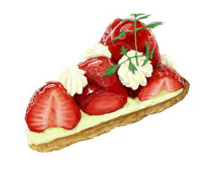 Rule 34 | food, food focus, fruit, fruit tart, humohumoelmo, no humans, original, pie, pie slice, simple background, strawberry, strawberry tart, tart (food), whipped cream, white background