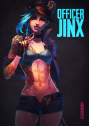 Rule 34 | 1girl, abs, absurdres, alternate costume, arm tattoo, blue bra, blue hair, bra, braid, breasts, character name, choker, completion time, cuffs, female service cap, fingerless gloves, freckles, gloves, handcuffs, hat, highres, jinx (league of legends), league of legends, lips, long hair, looking at viewer, monori rogue, nail polish, navel, nose, open fly, paid reward available, panties, peaked cap, pink eyes, pink nails, pink panties, police, police uniform, policewoman, short shorts, shorts, sideways hat, small breasts, solo, stomach, tattoo, toned, twin braids, underwear, uniform, very long hair