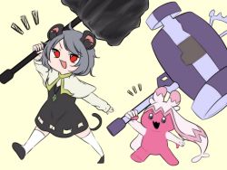 Rule 34 | 2girls, animal ears, black footwear, capelet, commentary request, cookie (touhou), creatures (company), crossover, crystal, dress, flat chest, full body, game freak, grey dress, grey hair, hammer, highres, holding, holding hammer, huge weapon, jewelry, layered clothes, long sleeves, mouse ears, mouse girl, mouse tail, multiple girls, mumei no toukousha, nazrin, nintendo, nyon (cookie), open mouth, pendant, pokemon, pokemon (creature), red eyes, shirt, shoes, short hair, simple background, smile, socks, tail, tinkaton, touhou, weapon, white capelet, white shirt, white socks, yellow background