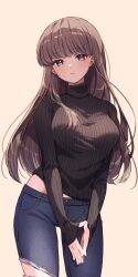 Rule 34 | 1girl, absurdres, black sweater, blunt bangs, blush, breasts, brown eyes, brown hair, denim, highres, jeans, large breasts, long hair, long sleeves, looking at viewer, maruta (shummylass), original, pants, ribbed sweater, sleeves past wrists, sweater, torn clothes, torn jeans, torn pants, yellow background