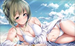 Rule 34 | 1girl, bad id, bad twitter id, bare shoulders, beach, beads, bikini, bird, blue eyes, blush, breasts, brown hair, choker, cleavage, cloud, collarbone, day, dress, front-tie top, garana, green eyes, hair beads, hair ornament, heterochromia, hip focus, idolmaster, idolmaster cinderella girls, jewelry, lace, lace-trimmed dress, lace trim, lens flare, light rays, lying, medium breasts, mole, mole under eye, navel, necklace, ocean, off shoulder, on side, open clothes, open dress, outdoors, short hair, smile, solo, sunlight, swimsuit, takagaki kaede, thighs, white bikini, white dress