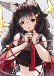 Rule 34 | 1girl, :d, animal ear fluff, animal ears, bell, black hair, breasts, commentary, cowboy shot, crop top, detached sleeves, eyelashes, fang, grey background, hair between eyes, hair ornament, highres, hololive, kouhaku nawa, long hair, looking at viewer, majo (pastamajo), medium breasts, microphone, midriff, multicolored hair, navel, ookami mio, ookami mio (1st costume), open mouth, red hair, red neckwear, rope, shimenawa, simple background, smile, solo, star (symbol), streaked hair, two-tone hair, virtual youtuber, wide sleeves, wolf ears, yellow eyes