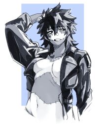 Rule 34 | 1girl, black hair, blue background, boku no hero academia, breasts, burn scar, buttonheart, cheek piercing, clenched teeth, collarbone, dabi (boku no hero academia), genderswap, genderswap (mtf), greyscale with colored background, hand in own hair, highres, jacket, leather, leather jacket, long hair, looking to the side, medium breasts, messy hair, multiple scars, navel, no nipples, no shirt, scar, scar on neck, simple background, solo, spiked hair, staple, stapled, stitches, teeth, upper body