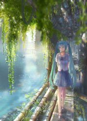 Rule 34 | 1girl, aqua eyes, aqua hair, arms behind back, bad id, bad pixiv id, blouse, blurry, boat, catwalk, closed mouth, day, denki, depth of field, grate, hatsune miku, industrial pipe, long hair, looking away, looking to the side, ocean, outdoors, overgrown, plant, sandals, scenery, shirt, short sleeves, sidelocks, skirt, smile, solo, sunlight, twintails, very long hair, vines, vocaloid, walking, watercraft, white shirt