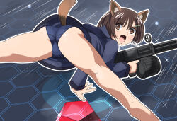 Rule 34 | 1girl, animal ears, ass, blue one-piece swimsuit, blush, bouncing ass, brave witches, brown eyes, brown hair, gun, hair ornament, hairclip, hosoinogarou, karibuchi hikari, looking at viewer, looking back, military, military uniform, neuroi, one-piece swimsuit, open mouth, rifle, shiny skin, short hair, solo, spread legs, squirrel ears, squirrel tail, swimsuit, tail, uniform, weapon, world witches series
