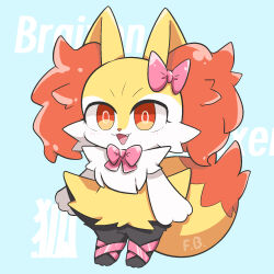 Rule 34 | 1girl, :3, animal ear fluff, animal ears, animal hands, animal nose, arms at sides, artist name, black fur, blue background, blush, body fur, bow, bowtie, braixen, c (flash berries), character name, chibi, creatures (company), fang, female focus, flat chest, fox ears, fox girl, fox tail, full body, furry, furry female, game freak, gen 6 pokemon, hair bow, happy, highres, jaggy lines, japanese text, leg ribbon, light blush, looking at viewer, mixed-language text, multicolored fur, neck fur, nintendo, open mouth, pink bow, pink bowtie, pink ribbon, pokemon, pokemon (creature), red eyes, ribbon, signature, smile, solo, standing, tail, text background, translated, white fur, yellow fur