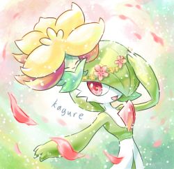 Rule 34 | 1girl, ^ ^, arm up, artist name, bob cut, closed eyes, closed mouth, colored skin, creatures (company), female focus, flat chest, floating, flower, flower wreath, full body, game freak, gardevoir, gen 3 pokemon, gen 8 pokemon, gossifleur, green hair, green skin, hair flower, hair ornament, hair over one eye, happy, highres, kagure (karaguren), looking to the side, multicolored skin, nintendo, open mouth, orange flower, outstretched arm, petals, pink flower, pokemon, pokemon (creature), red eyes, short hair, signature, smile, solo focus, standing, two-tone skin, upper body, white skin