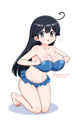 Rule 34 | 1girl, ahoge, barefoot, bikini, bikini skirt, black hair, blue bikini, breasts, cleavage, commentary request, dated, full body, grey eyes, kantai collection, kneeling, large breasts, masara (chuujou), navel, official alternate costume, one-hour drawing challenge, solo, strapless, strapless bikini, swimsuit, twintails, ushio (kancolle)
