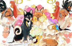 Rule 34 | animal, animal focus, bird, black-framed eyewear, black bow, black bowtie, black coat, black suit, bouquet, bow, bowtie, chicken, clothed animal, coat, dog, dove, dress, fangs, flower, formal, fox, glasses, highres, light particles, long sleeves, looking at viewer, mouth hold, no humans, open mouth, original, pink flower, pink rose, ribbon, rooster, rose, shiba inu, sitting, suit, tiara, tonbippo08, wedding dress, white background, white bird, white dress, white flower, white rose, yellow bow, yellow ribbon