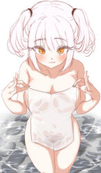 Rule 34 | :q, bare shoulders, belorta (nikke), blush, breasts, collarbone, foguma, goddess of victory: nikke, highres, large breasts, looking at viewer, naked towel, orange eyes, short twintails, sidelocks, tongue, tongue out, towel, twintails, wading, water, white hair
