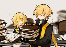 Rule 34 | 1boy, 1girl, aislan, blonde hair, book, chair, cowboy shot, don quixote (project moon), earrings, glasses, holding, holding quill, jewelry, limbus company, open mouth, project moon, quill, short hair, sinclair (project moon), single earring, sitting, sweat, yellow eyes