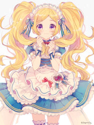 Rule 34 | 1girl, blonde hair, blue dress, blue ribbon, blush, closed mouth, dot nose, dress, emily stewart, frilled dress, frills, hair ribbon, headdress, highres, holding, holding hair, idolmaster, idolmaster million live!, idolmaster million live! theater days, kagami2g, layered dress, long hair, looking at viewer, name tag, neck ribbon, purple eyes, red ribbon, ribbon, scrunchie, short sleeves, shy, simple background, solo, thighhighs, twintails, twitter username, wavy mouth, white background, white thighhighs