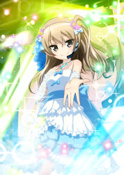 Rule 34 | 10s, 1girl, absurdres, alternate costume, beads, blue dress, brown eyes, circle, closed mouth, commentary, diffraction spikes, dress, flower, foreshortening, girls und panzer, hair beads, hair flower, hair ornament, hand on own chest, headset, highres, idol, jewelry, layered dress, light brown hair, light particles, long dress, long hair, looking at viewer, necklace, screen, shiina excel, shimada arisu, side ponytail, smile, solo, sparkle, spotlight, standing, strapless, strapless dress, zoom layer