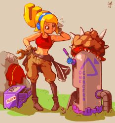 Rule 34 | 1girl, black legwear, blonde hair, boots, breasts, clothes around waist, crop top, culottes, gloves, half updo, headphones, jacket, jacket around waist, joakim sandberg, machinery, mechanic, monster, pigeon-toed, robin (the iconoclasts), small breasts, solo, sweat, the iconoclasts, wrench