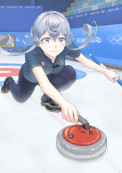Rule 34 | 1girl, 2022 winter olympics, alternate costume, black footwear, blue eyes, blue hair, blue pants, blue shirt, closed mouth, commentary request, curling, curling broom, curling stone, gotland (kancolle), hair between eyes, hair bun, highres, holding, kantai collection, mole, mole under eye, olympics, on one knee, pants, playing sports, shirt, short sleeves, single hair bun, sliding, solo, taruya, uniqlo