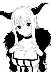 Rule 34 | 10s, 1girl, bad id, bad twitter id, blush, breast suppress, breasts, choker, cleavage, demon girl, fur trim, greyscale, highres, horns, jpeg artifacts, kawakami rokkaku, large breasts, looking at viewer, maou (maoyuu), maoyuu maou yuusha, md5 mismatch, monochrome, red eyes, resized, simple background, sketch, smile, solo, spot color, upper body, white background
