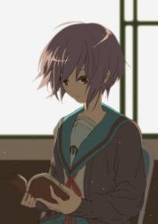 Rule 34 | 1girl, blue sailor collar, blue skirt, book, brown cardigan, brown eyes, cardigan, chair, closed mouth, commentary request, expressionless, holding, holding book, indoors, jibe1212, kita high school uniform, long sleeves, nagato yuki, open cardigan, open clothes, purple hair, reading, red ribbon, ribbon, sailor collar, school uniform, serafuku, short hair, sitting, skirt, solo, suzumiya haruhi no yuuutsu, window