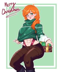 Rule 34 | abs, alex (minecraft), black footwear, blush, box, bright pupils, brown pants, feet out of frame, gift, gift box, green eyes, hair over shoulder, highres, long hair, merry christmas, midriff, minecraft, navel, open mouth, orange hair, outline, pants, smile, void dot exe, white outline, white pupils