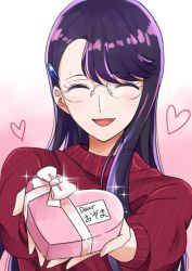Rule 34 | 1girl, :d, asymmetrical bangs, blush, bow, box, closed eyes, facing viewer, glasses, heart, heart-shaped box, heartcatch precure!, holding, holding box, long hair, open mouth, pink bow, precure, purple hair, red sweater, ribbed sweater, rimless eyewear, smile, solo, sweater, swept bangs, tsukikage oyama, tsukikage yuri, valentine, white background