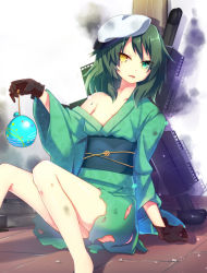 Rule 34 | 10s, 1girl, arm support, barefoot, black gloves, female focus, gloves, gradient background, hat, japanese clothes, kantai collection, kimono, kiso (kancolle), looking at viewer, nyori, obi, open mouth, sash, sitting, solo, torn clothes, traditional clothes, yukata