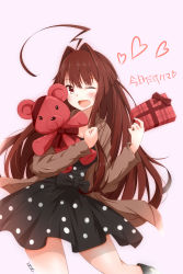 Rule 34 | 1girl, absurdres, ahoge, artist name, black dress, blush, boots, bow, breasts, brown hair, brown jacket, cleavage, clenched hand, dated, dress, dress bow, fang, gift, hair intakes, heart, highres, holding, holding gift, holding stuffed toy, hood, hooded jacket, hoodie, huge ahoge, jacket, kantai collection, kuma (kancolle), leg up, logo, long hair, looking at viewer, neve (morris-minicooper), hugging object, one eye closed, open mouth, pink background, polka dot, polka dot dress, red eyes, ribbon, sidelocks, simple background, smile, solo, stuffed animal, stuffed toy, teddy bear, text focus, v, very long hair