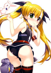 Rule 34 | 1girl, :x, absurdres, ankle boots, arm up, armored boots, ass, asymmetrical hair, bardiche (nanoha), bare shoulders, belt, black leotard, black ribbon, black thighhighs, blonde hair, blue neckwear, blush, blush stickers, boots, bow, bowtie, child, clenched hand, cosplay, creature, fate testarossa, fate testarossa (cosplay), finger to mouth, flat chest, fujima takuya, green eyes, hair between eyes, hair ribbon, high heel boots, high heels, highres, holding, leg up, leotard, long hair, looking at viewer, looking back, lyrical nanoha, mahou shoujo lyrical nanoha vivid, official art, pink eyes, print leotard, red belt, red eyes, red stripes, ribbon, sacred heart, scan, shoe soles, simple background, single stripe, skindentation, sleeveless, smile, stuffed animal, stuffed rabbit, stuffed toy, thighhighs, twintails, very long hair, vivio, white background