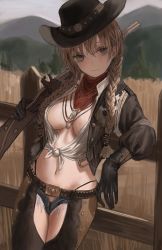 Rule 34 | absurdres, belt buckle, black gloves, black jacket, black panties, braid, breasts, brown hair, buckle, chaps, closed mouth, cowboy hat, cowboy western, cropped jacket, denim, denim shorts, fence, front-tie top, gloves, gold can, gun, hat, highleg, highleg panties, highres, holding, holding gun, holding weapon, jacket, jewelry, kerchief, leaning on object, leather, leather jacket, long hair, long sleeves, looking at viewer, medium breasts, navel, necklace, original, outdoors, over shoulder, panties, shirt, short shorts, shorts, tied shirt, twin braids, underwear, weapon, weapon over shoulder, white shirt, wooden fence