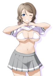 Rule 34 | 1girl, arms up, barkhorn0331, blue eyes, bra, breasts, clothes lift, grey hair, grey skirt, highres, large breasts, looking at viewer, love live!, love live! sunshine!!, navel, one eye closed, school uniform, shirt, shirt lift, short hair, skirt, smile, solo, teeth, thighs, underwear, uranohoshi school uniform, watanabe you, white bra, white shirt