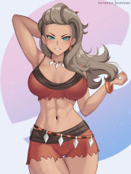 Rule 34 | 1girl, abs, absurdres, aqua eyes, arm up, armpits, bare arms, bare shoulders, blush, bracelet, breasts, cameltoe, cleavage, commentary, cowboy shot, creatures (company), earrings, english commentary, game freak, grey hair, hand up, highres, hioyami, jewelry, large breasts, long hair, looking at viewer, nintendo, parted lips, patreon username, pokemon, pokemon sv, red shorts, sada (pokemon), shorts, sleeveless, smile, solo
