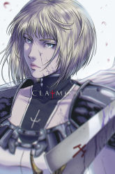 Rule 34 | 1girl, armor, blonde hair, blue eyes, bodysuit, cape, clare (claymore), claymore (series), claymore (sword), collarbone, copyright name, dirty, dirty face, highres, jhony caballero, lips, pauldrons, petals, short hair, shoulder armor, solo, upper body, white background, white cape, wind, wind lift