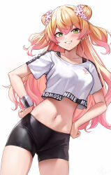 Rule 34 | 1girl, absurdres, bike shorts, black shorts, blonde hair, blush, bra strap, breasts, character name, cowboy shot, crop top, crop top overhang, double bun, flower, gradient hair, green eyes, grin, hair between eyes, hair bun, hair flower, hair ornament, hands on own hips, highres, hololive, hololive dance practice uniform, long hair, looking at viewer, medium breasts, midriff, momosuzu nene, multicolored hair, navel, official alternate costume, pink flower, pink hair, shirt, short sleeves, shorts, simple background, smile, solo, standing, sweatband, two side up, v-shaped eyebrows, very long hair, virtual youtuber, white background, white shirt, wristband, wszkii