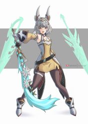 Rule 34 | animal ears, blunt bangs, cat ears, catalyst scimitar, chascoby, facial mark, flat chest, grey hair, highres, holding, holding sword, holding weapon, nia (blade) (xenoblade), nia (xenoblade), short hair, sword, weapon, xenoblade chronicles (series), xenoblade chronicles 2, xenoblade chronicles 3, yellow eyes