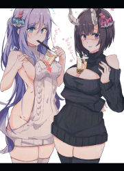 Rule 34 | 2girls, absurdres, alternate costume, bare shoulders, black dress, black hair, black sweater, blue eyes, blue ribbon, bob cut, breasts, broken horn, bubble tea, bubble tea challenge, cleavage, clothing cutout, cup, demon girl, demon horns, disposable cup, dress, drinking straw, drinking straw in mouth, eriko (princess connect!), hair ribbon, highres, horns, large breasts, letterboxed, long hair, medium breasts, meme attire, mouth hold, multiple girls, nib pen (medium), no bra, no panties, object on breast, open-chest sweater, princess connect!, purple eyes, purple hair, red ribbon, ribbed sweater, ribbon, shaded face, shika002, shizuru (princess connect!), short dress, short hair, shoulder cutout, sideboob, simple background, sweater, sweater dress, thighhighs, traditional media, translation request, turtleneck, turtleneck sweater, very long hair, virgin killer sweater, white background, white dress, white legwear, white sweater, zettai ryouiki