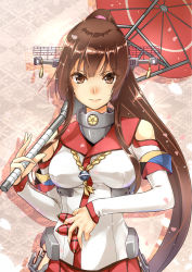 Rule 34 | &gt;:), 10s, 1girl, abo (hechouchou), breasts, brown eyes, brown hair, bullet, cherry blossoms, commentary request, detached sleeves, headgear, kantai collection, long hair, long sleeves, looking at viewer, medium breasts, oil-paper umbrella, petals, ponytail, red skirt, skirt, smile, solo, umbrella, upper body, v-shaped eyebrows, very long hair, yamato (kancolle)