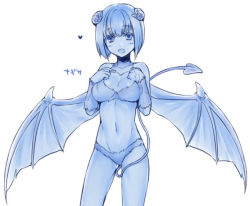 Rule 34 | 1990s (style), 1girl, :d, blue skin, blue theme, blush, breast suppress, breasts, character name, character request, cleavage, colored skin, demon girl, demon horns, demon tail, demon wings, heart, horns, monochrome, monster farm, navel, nymph (monster farm), open mouth, pixie (monster farm), short hair, smile, solo, tail, utsugi (skydream), wings