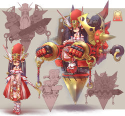 Rule 34 | 1girl, bare shoulders, black hair, board game, breasts, chair, cleavage, clog sandals, closed eyes, club, club (weapon), colored skin, demon girl, earrings, hat, japanese clothes, jewelry, kanabou, machine, mecha, okobo, one eye closed, oni, original, pink skin, pointy ears, red eyes, robot, sandals, sankuma, sheath, sheathed, shogi, solo, sword, throne, weapon, wink
