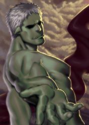 Rule 34 | 1boy, bara, beckoning, cloud, cloudy sky, colored skin, completely nude, fangs, from side, green skin, guppo13, large pectorals, looking at viewer, male focus, mature male, monster boy, muscular, muscular male, nipples, nude, orc, pectorals, pointy ears, rigurudo (tensei shitara slime datta ken), short hair, sky, solo, tensei shitara slime datta ken, white hair