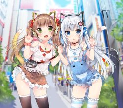 Rule 34 | 2girls, animal ears, bell, blue eyes, blush, brown hair, cat ears, cat girl, choker, copyright request, duji amo, fang, female focus, green eyes, grey hair, headphones, holding hands, jewelry, long hair, multiple girls, nail polish, overalls, ribbon, shorts, skirt, tail, thighhighs, tuji, twintails