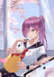 Rule 34 | 1girl, absurdres, azur lane, black sailor collar, black skirt, blue ribbon, blue sailor collar, blush, breasts, cherry blossoms, classroom, fanchexingxianyu, green eyes, hair over one eye, hair ribbon, high ponytail, highres, indoors, light smile, long hair, looking at viewer, manjuu (azur lane), medium breasts, miniskirt, neckerchief, official alternate costume, pleated skirt, ponytail, purple hair, red neckerchief, ribbon, sailor collar, school uniform, shirt, short sleeves, sitting, skirt, solo, trieste (azur lane), trieste (rooftop lunch break) (azur lane), white shirt