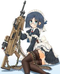 Rule 34 | 1girl, ammunition belt, apron, aqua eyes, arm support, ascot, black dress, black thighhighs, blue ascot, blue hair, closed mouth, collared dress, commentary request, dress, frilled dress, frills, garter straps, glasses, gloves, gradient background, gun, highres, holding, holding gun, holding weapon, long sleeves, looking at viewer, lying, machine gun, maid, maid apron, maid headdress, md5 mismatch, mikeran (mikelan), on side, original, resolution mismatch, shadow, short dress, short hair, sig mg338, sig sauer, smile, solo, source larger, thighhighs, weapon, white apron, white background, white gloves