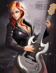 Rule 34 | 1girl, :d, black jacket, blonde hair, blue eyes, breasts, brown shirt, cleavage, collarbone, contrapposto, cowboy shot, dantewontdie, guitar, highres, holding, instrument, jacket, large breasts, leather, leather jacket, light rays, light smile, lips, long hair, multicolored hair, music, my little pony, my little pony: equestria girls, my little pony: friendship is magic, nail polish, open mouth, orange hair, pantyhose, parted lips, playing instrument, purple pantyhose, red nails, shirt, smile, solo, stage lights, standing, streaked hair, sunset shimmer, unzipped
