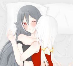 Rule 34 | alternate costume, back, bare shoulders, black sports bra, blanket, blush, fu hua, fu hua (garuda), fu hua (herrscher of sentience), grey background, grey hair, hair between eyes, head on pillow, highres, honkai (series), honkai impact 3rd, licking, licking another&#039;s neck, long hair, looking at another, low-tied long hair, low twintails, multicolored hair, nadhoe00, off shoulder, one eye closed, parted lips, pillow, red eyes, red tank top, sports bra, streaked hair, tank top, twintails, upper body, white hair, yellow pupils