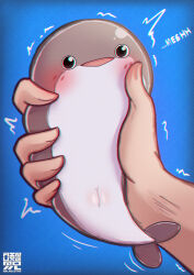 Rule 34 | ^^^, absurdres, animal, animal focus, blue background, blush, commentary, english commentary, english text, fish, gilxelothz43, highres, holding, holding animal, holding fish, open mouth, original, sacabambaspis, simple background, triangle mouth