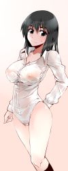 Rule 34 | 00s, 1girl, black eyes, black hair, blush, body shirt, breasts, cameltoe, cleavage, cosaten, covered erect nipples, highres, large breasts, long sleeves, naked shirt, school rumble, see-through, shirt, socks, suou mikoto (school rumble), sweatdrop