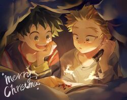 Rule 34 | 2boys, aged down, blonde hair, blurry, boku no hero academia, book, child, christmas, facial mark, flashlight, foreground text, forked eyebrows, freckles, green eyes, green hair, grey shirt, hair slicked back, hand up, happy, hawks (boku no hero academia), head on hand, head rest, highres, holding, holding flashlight, light, long sleeves, looking at object, looking down, lower teeth only, male focus, merry christmas, midoriya izuku, mimiko (earnothungry), multicolored clothes, multiple boys, onesie, open book, open mouth, pointing, reindeer, santa claus, see-through silhouette, shirt, short hair, smile, star (symbol), t-shirt, teeth, time paradox, triangle, upper body, yellow eyes