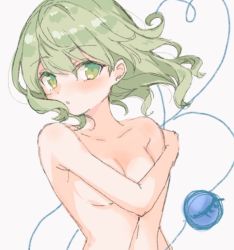 Rule 34 | 1girl, blush, breasts, collarbone, completely nude, covering privates, covering breasts, green eyes, green hair, heart, heart of string, komeiji koishi, looking at viewer, medium breasts, no headwear, no headwear, nude, paragasu (parags112), simple background, solo, third eye, touhou, upper body, white background