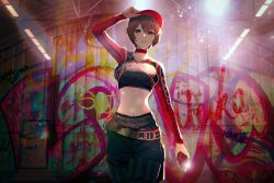 Rule 34 | 1girl, absurdres, arm up, bag, baseball cap, black pants, breasts, brown hair, choker, collarbone, cowboy shot, crop top, graffiti, hair between eyes, hat, highres, holding, large breasts, long sleeves, looking at viewer, meiko (vocaloid), midriff, pants, parted lips, red choker, red eyes, red hat, short hair, solo, standing, stomach, vocaloid, yen-mi