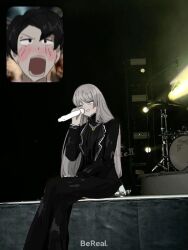 Rule 34 | 1boy, 1girl, angelica (project moon), black hair, black suit, blush, chadaliceii, fan screaming at madison beer (meme), formal, grey eyes, grey hair, library of ruina, long hair, meme, music, open mouth, pants, photo-referenced, project moon, roland (project moon), short hair, singing, sitting, smile, suit, sweater, white trim